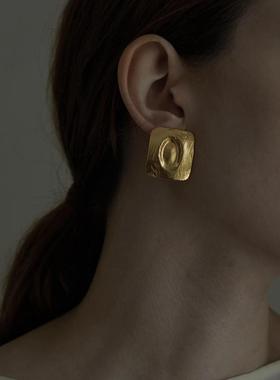 ABOA*欧美极简冷淡风捶打褶皱肌理手工几何方块金属耳饰银针耳钉