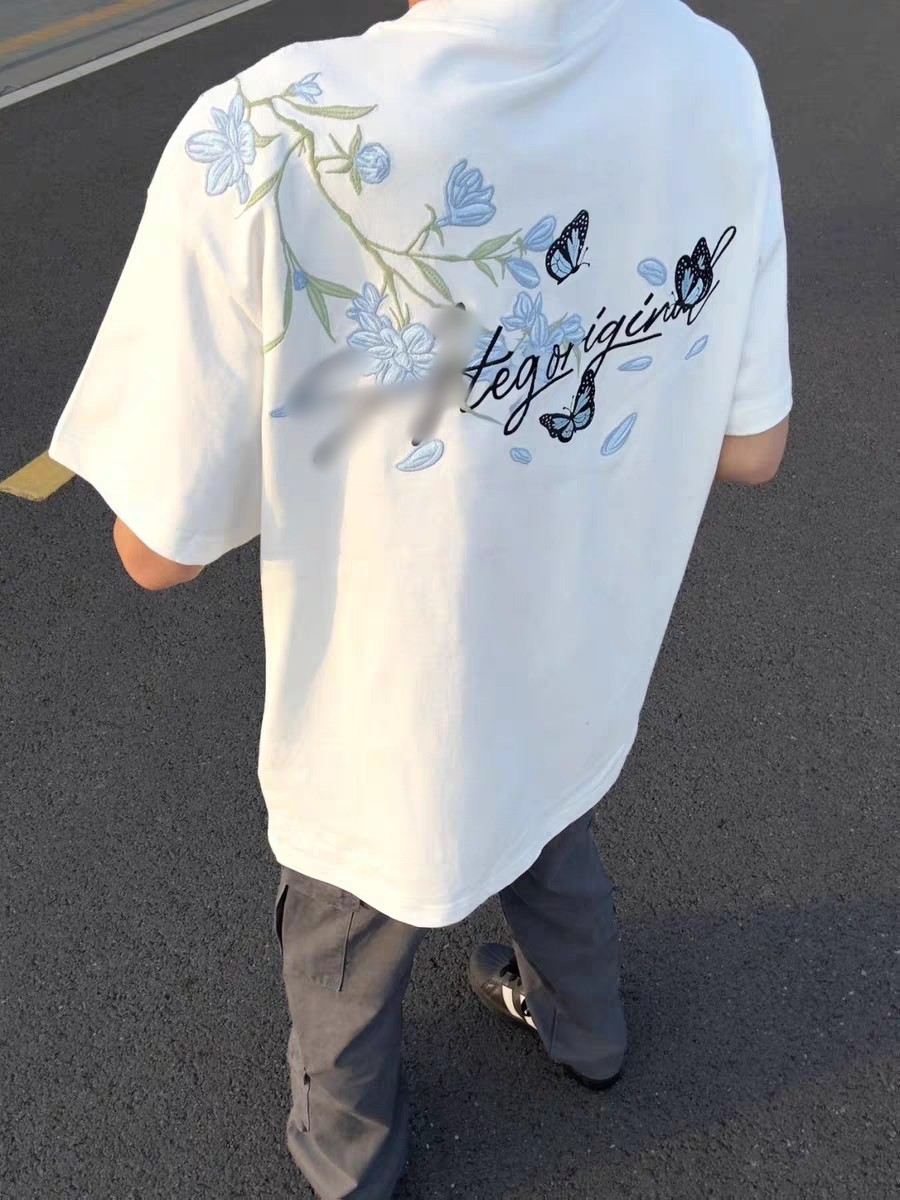 夏季美式蝴蝶花卉刺绣男女T恤情侣装小清新小众国潮牌百搭短袖ins