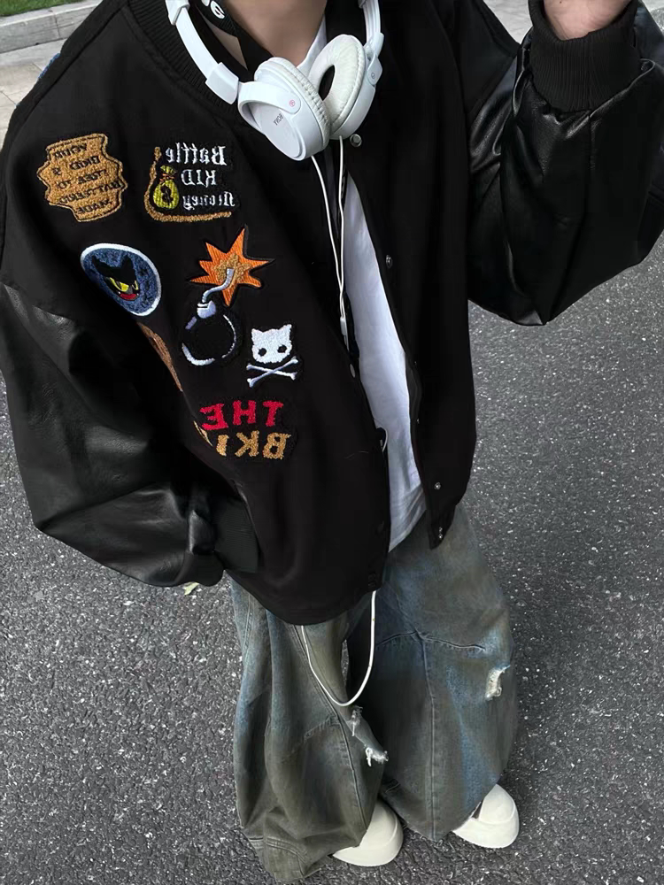 美式复古涂鸦卡通刺绣皮袖棒球服外套男女春秋国潮牌宽松情侣夹克