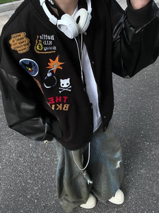 美式复古涂鸦卡通刺绣皮袖棒球服外套男女春秋国潮牌宽松情侣夹克