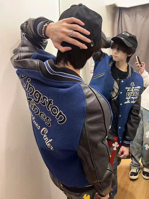 美式蓝调拼接撞色棒球服夹克情侣