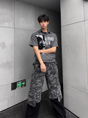 美式复古暗黑潮牌印花短袖衬衫