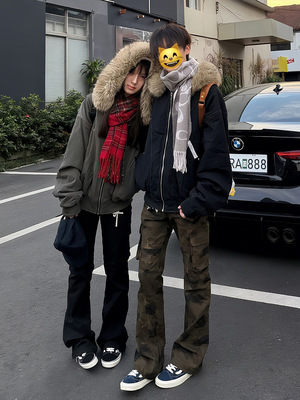 美式复古座山雕派克棉服仿兔毛