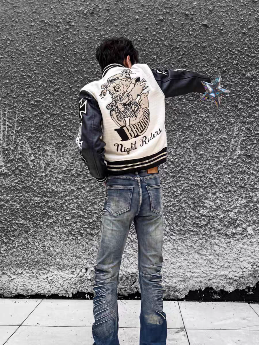 美式骷髅骑士刺绣夹克男女棒球服Cleanfit短宽复古高街国潮牌外套