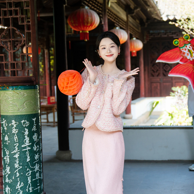 小香风粉色套装2025年秋冬外套