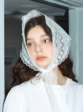 郑佰万~花朵蕾丝头巾女春季法式包头高级感可爱拍照三角巾薄款潮