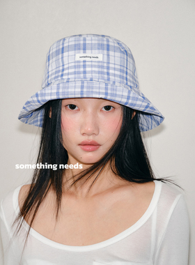 郑佰万 个性复古亚麻卷边渔夫帽春夏格纹防晒遮阳帽女Ins感盆帽潮