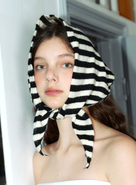 郑佰万~黑白条纹头巾女百搭时尚舒适包头绑发针织高级感三角巾潮