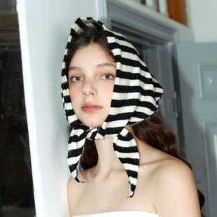 郑佰万~黑白条纹头巾女百搭时尚舒适包头绑发针织高级感三角巾潮