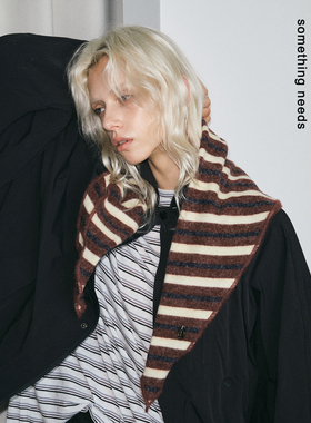 郑佰万 秋冬新款氛围感条纹围巾经典复古基础双拼色三角巾ins披肩