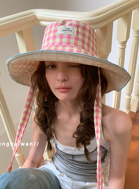 郑佰万 多巴胺韩系格子渔夫帽子女夏季防晒防紫外线显脸小盆帽潮