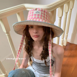 郑佰万 防晒防紫外线显脸小盆帽潮 多巴胺韩系格子渔夫帽子女夏季