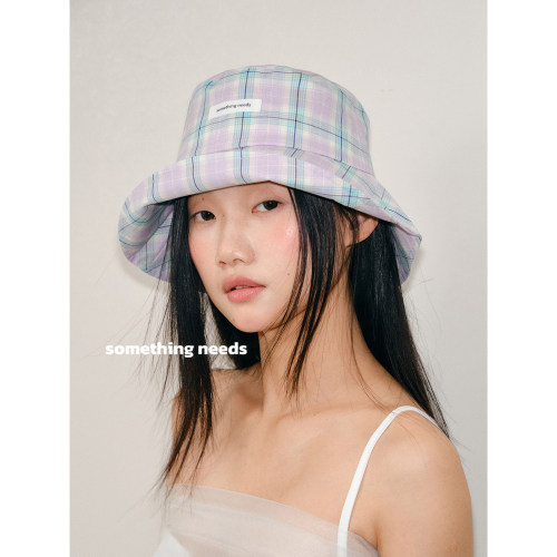 韩版俏皮拼色格渔夫帽女可卷边