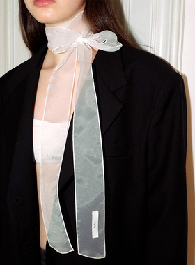 郑佰万~韩国春夏珠光细长条款丝巾女欧根纱飘带辣妹装饰窄版围巾