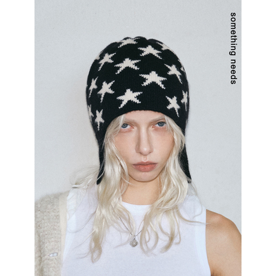 星星脑袋控针织护耳帽复古前卫