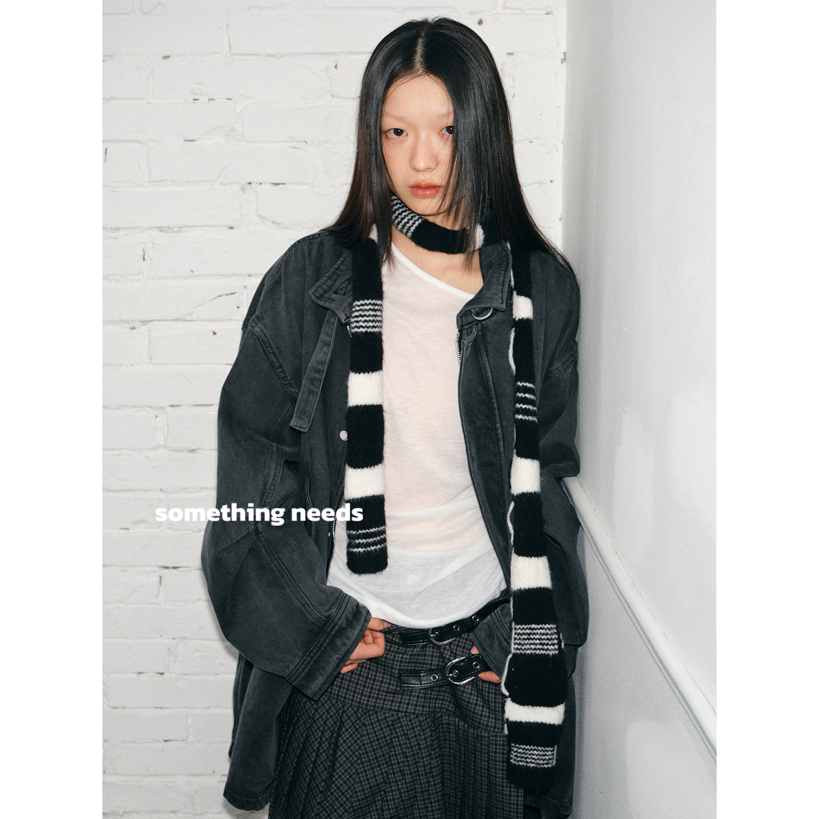 黑白细围巾女秋冬百搭针织