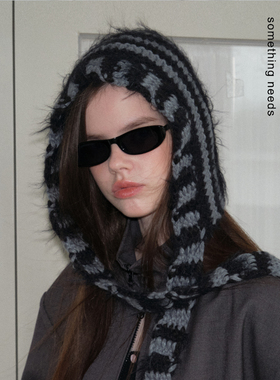 郑佰万 古早原宿风辣妹条纹一体式围巾帽子个性百搭大头围针织帽