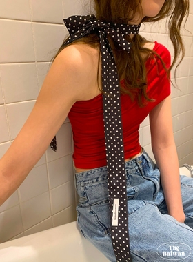 郑佰万 复古时髦波点长条丝巾韩国ins细窄飘带Y2K辣妹绑包领巾女