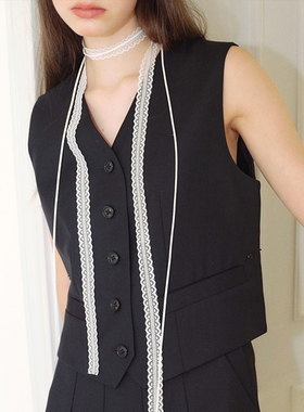 郑佰万设计感白色蕾丝叠戴choker女夏季细窄双层丝带纯欲锁骨颈带