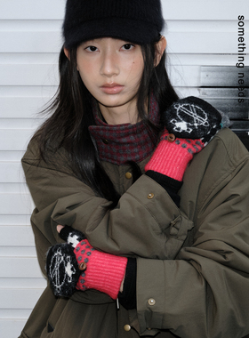 郑佰万 一物两用 冬季保暖针织翻盖手套女土星撞色半指手套可触屏