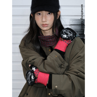 冬季 保暖针织翻盖手套女土星撞色半指手套可触屏 一物两用 郑佰万