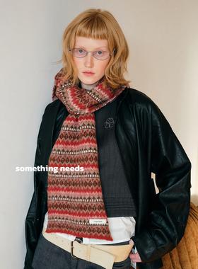 郑佰万 费尔岛风复古提花针织围巾女冬季保暖拼色圣诞软糯围脖潮