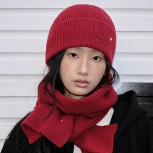 郑佰万 保暖针织围脖女 波尔多红100%羊毛帽子围巾手套三件套冬季