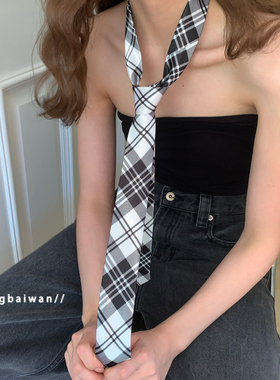 英伦学院黑白格手打细窄长条领带ins搭配复古小领巾拍照围脖男女