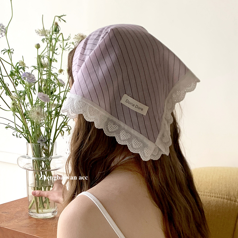 条纹蕾丝头巾女百搭方巾时尚