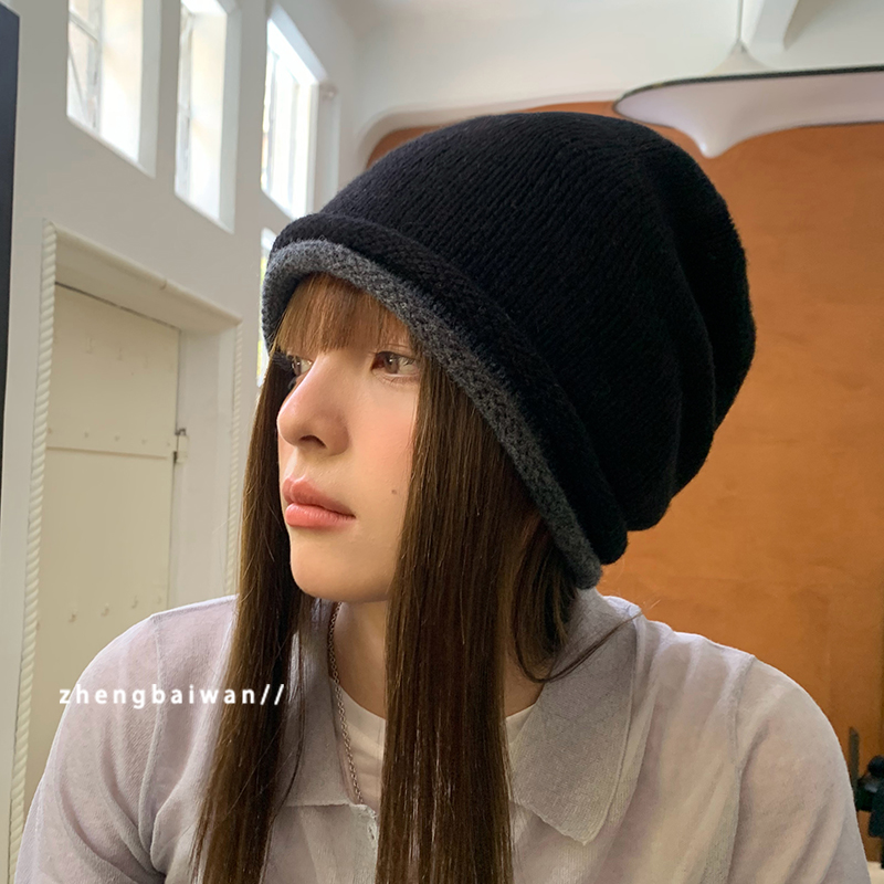 酷帅100%羊毛针织拼色卷边包头帽