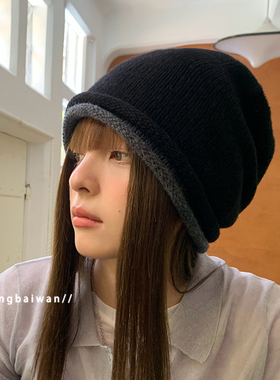 郑佰万 100%澳洲羊毛针织拼色卷边包头帽秋冬护耳冷帽百搭堆堆帽