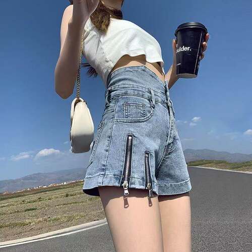 侧拉链设计小众高腰复古牛仔短裤女夏季新款辣妹紧身包臀a字热裤