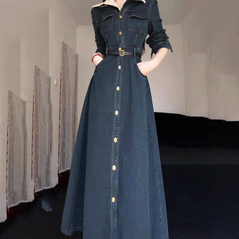 春秋法式复古时尚牛仔连衣裙女2025新款高级感气质显瘦高个子长裙