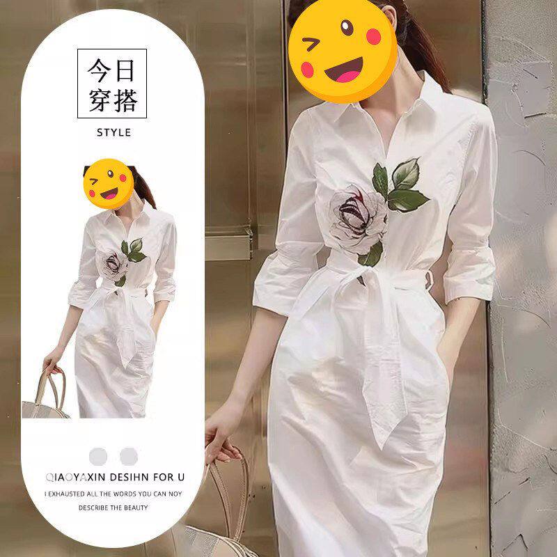 白色印花衬衫式连衣裙女2025连衣裙