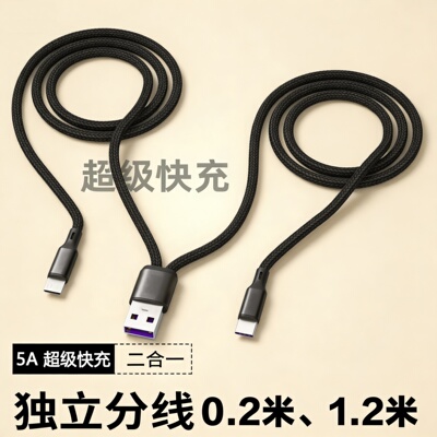 适用苹果13二合一数据线12华为mate40一分二充电宝短长款2头type-c安卓microUSB快充5A超级快充一拖二数据线