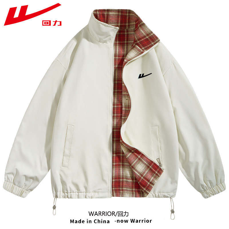 Warrior/回力拼色格子双面穿防水夹克男女春秋季情侣立领运动外套