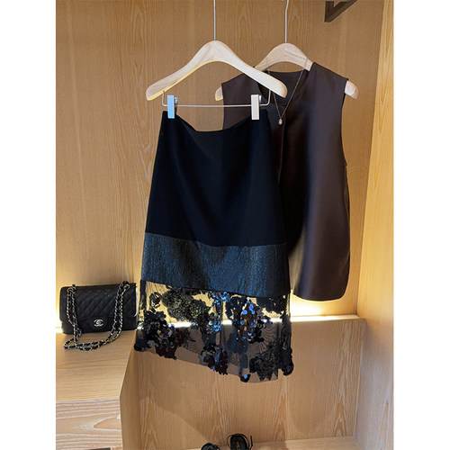 醋酸重工亮片拼接高腰显瘦半身裙