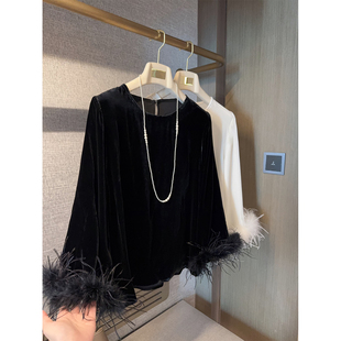 轻奢显贵!法式气质垂感圆领真丝丝绒拼可拆卸驼鸟毛九分袖上衣女