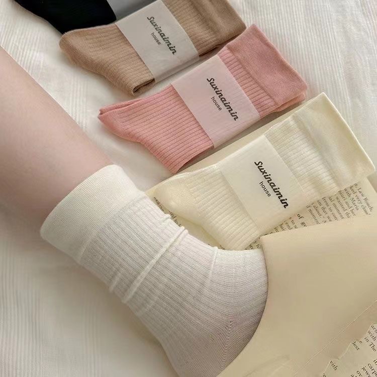 袜子女条纹仿无骨堆堆袜中筒纯色慵懒休闲女款中筒袜 ins潮百搭女