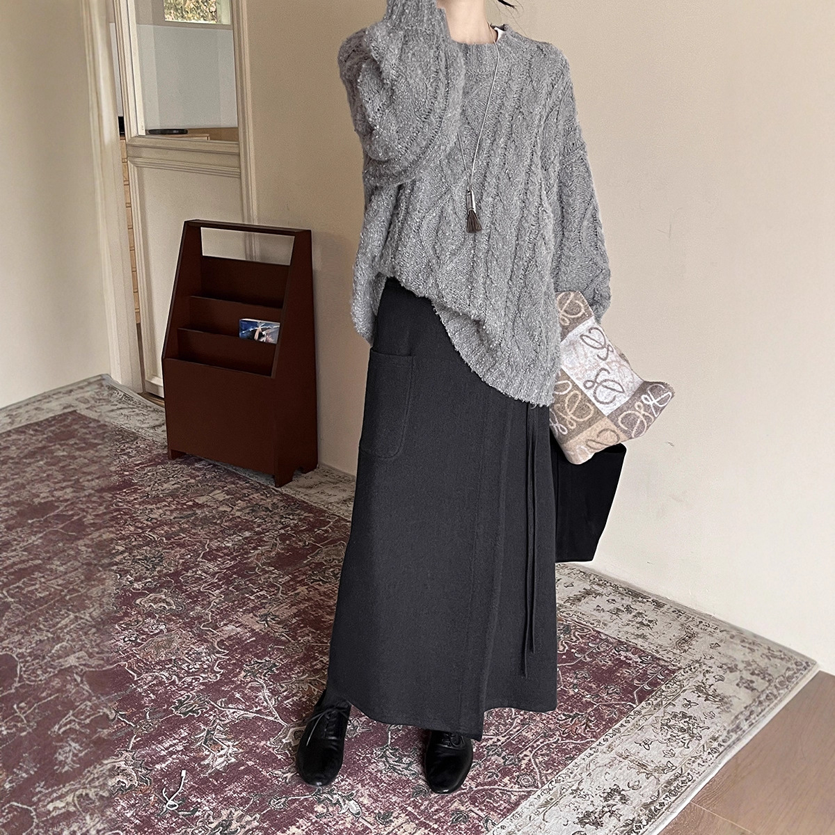 GRACETINAHOO冬上新法式重工粗棒针绞花慵懒宽松大毛衣ZA3218