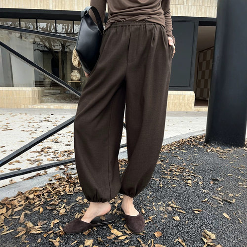 HOO秋季女装高级感法式羊毛通勤百搭束脚拼接气球休闲裤KA9164