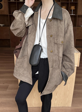 GRACETINAHOO冬上新法式复古麂皮绒拼皮通勤百搭翻领短外套WTA658