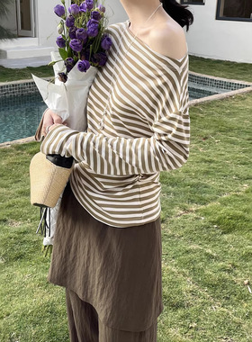 GRACETINAHOO春新法式天丝捏褶斜肩条纹慵懒通勤百搭长袖T恤TB167