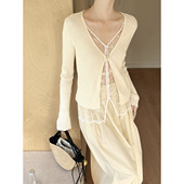 GRACETINAHOO春新法式 蕾丝拼接慵懒百搭V领开衫 保暖毛衣ZA6048