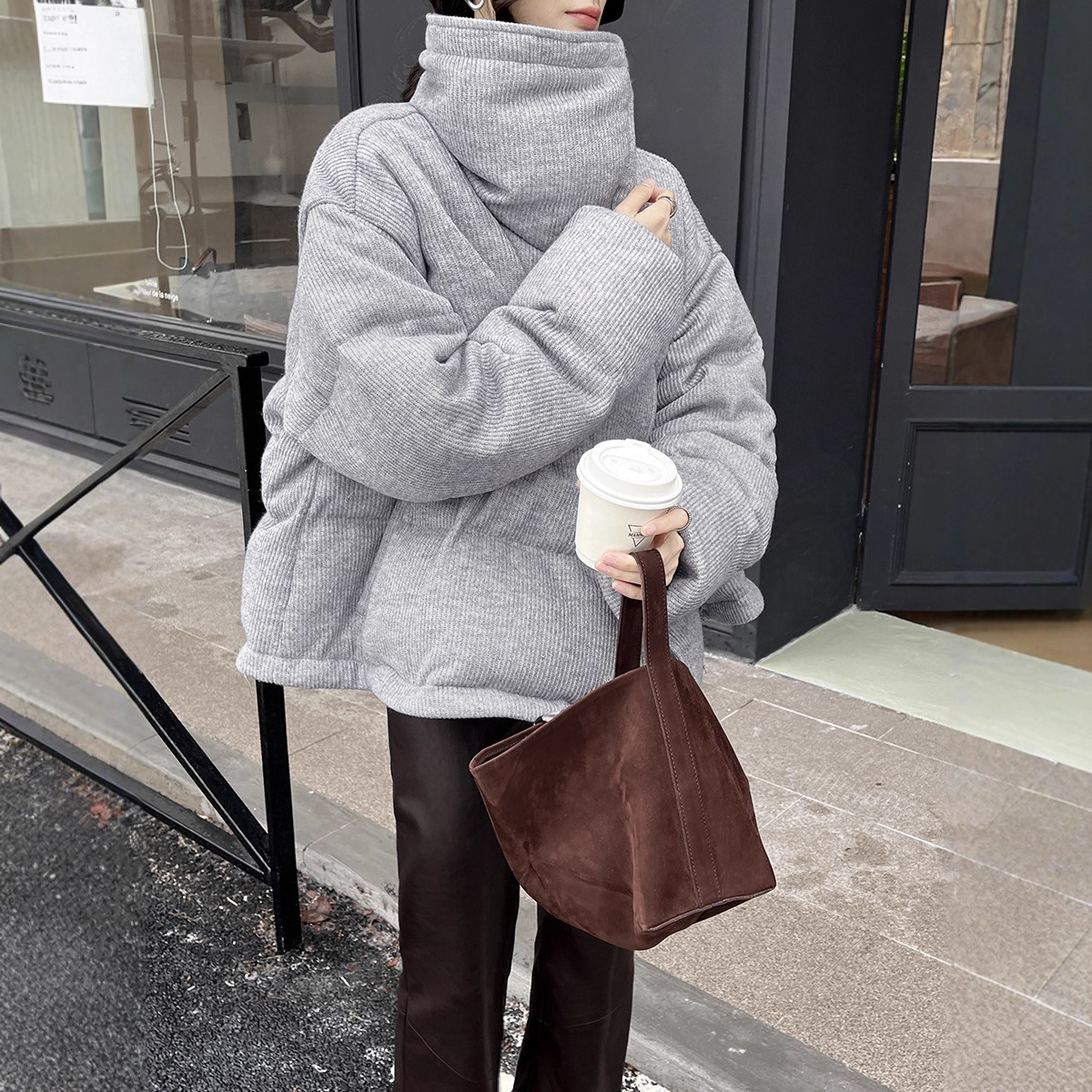 GRACETINAHOO冬立体坑条通勤保暖大翻领多穿法A摆立领羽绒服YA020