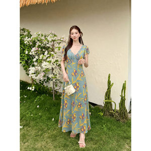 实拍 夏季新款女装法式优雅蕾丝印花裙子短袖雪纺碎花连衣裙女