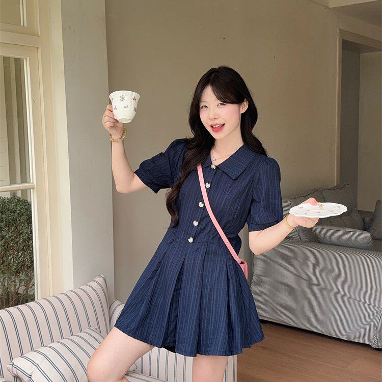 实拍 学院风泡泡袖衬衫连衣裙胖MM夏季气质收腰甜美短裙套装