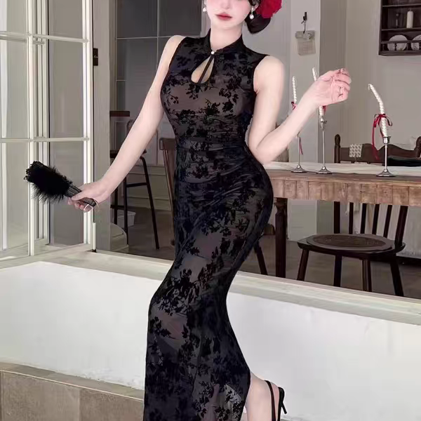 实拍纯欲风又甜又辣收腰新中式辣妹无袖旗袍年轻款包臀开叉连衣裙