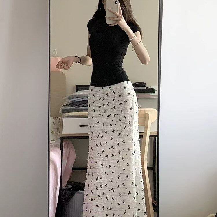 175高个子加长韩系度假风蝴蝶结印花蕾丝碎花鱼尾半身裙纯欲长裙