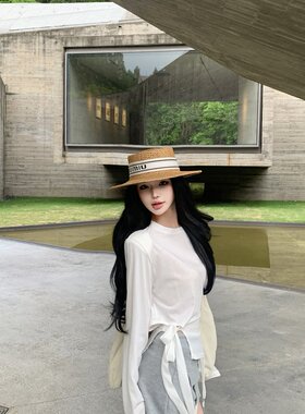 实拍防晒不规则设计感白色绑带上衣+工装风灰色高腰半身裙女